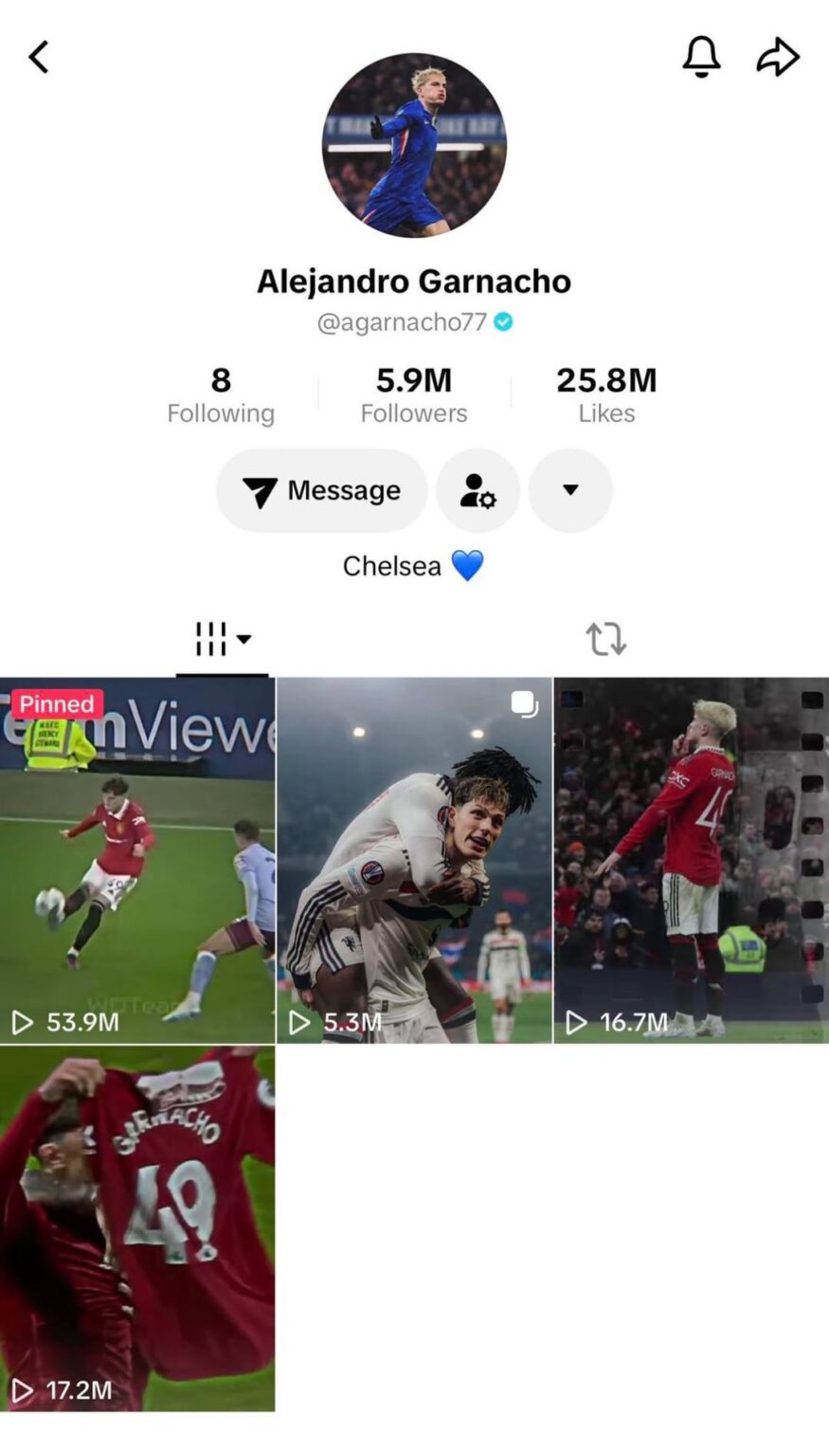 Alejandro Garnacho has removed all Chelsea items on his TikTok and reposted 2 Manchester United TikTok’s saying they miss him.