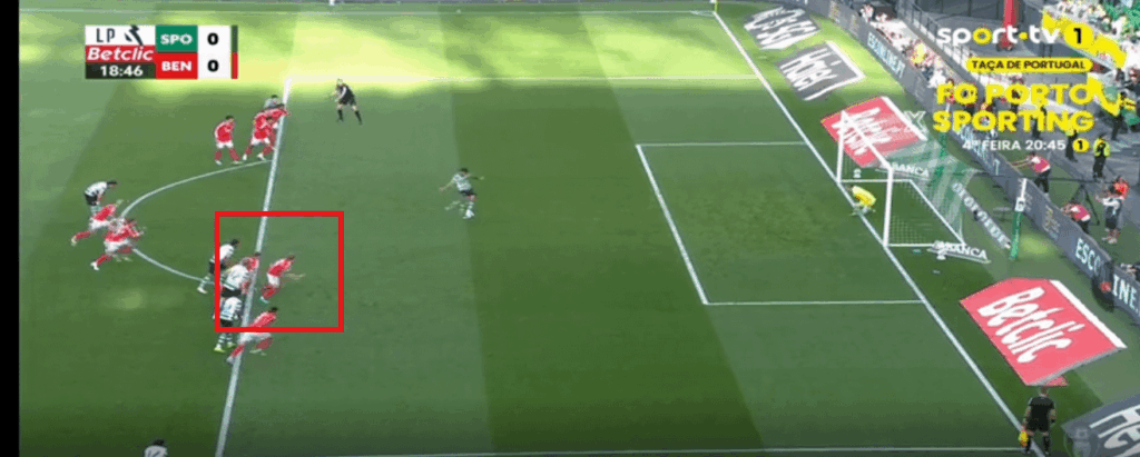 Para quem está a tentar mentir, aqui está o frame ANTES da bola ser chutada, onde o jogador do Benfica já está totalmente dentro da área