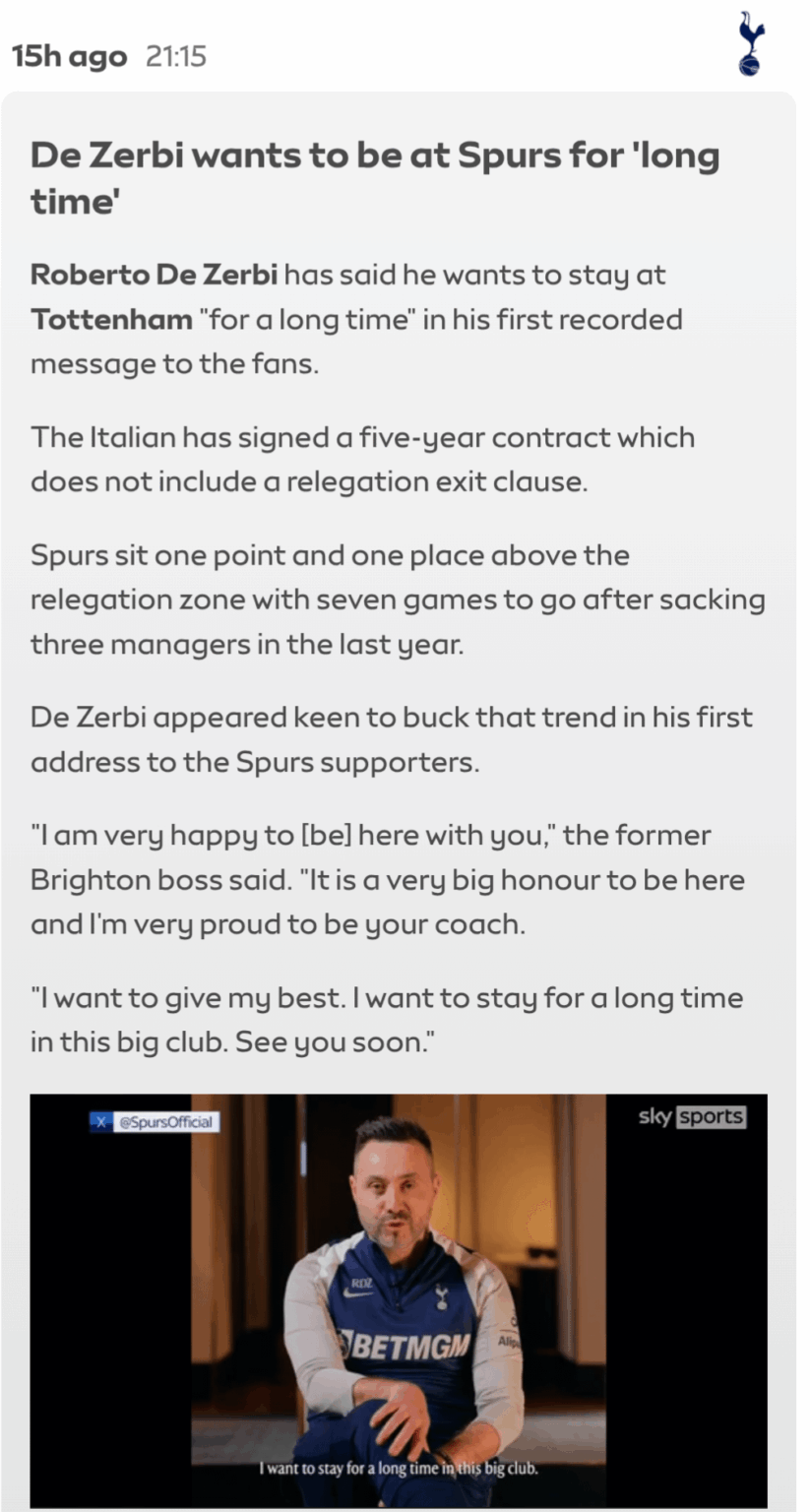 De Zerbi wants to be at Spurs for 'long time'