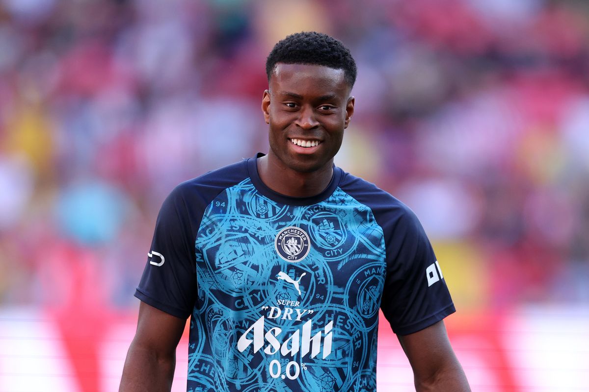 LONDON, ENGLAND - APRIL 25: Marc Guehi of Manchester City warms up prior to the Emirates FA Cup Semi Final match between Manchester City and Southampton at Wembley Stadium on April 25, 2026 in London, England. (Photo by Michael Regan - The FA/The FA via Getty Images)
