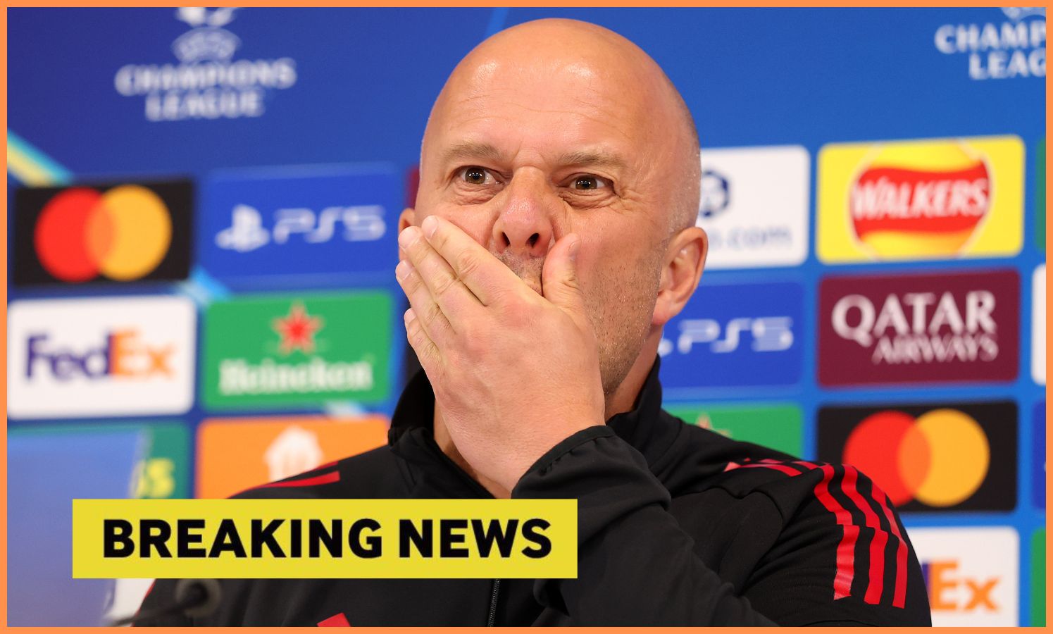 Arne Slot during a press conference, and breaking news banner