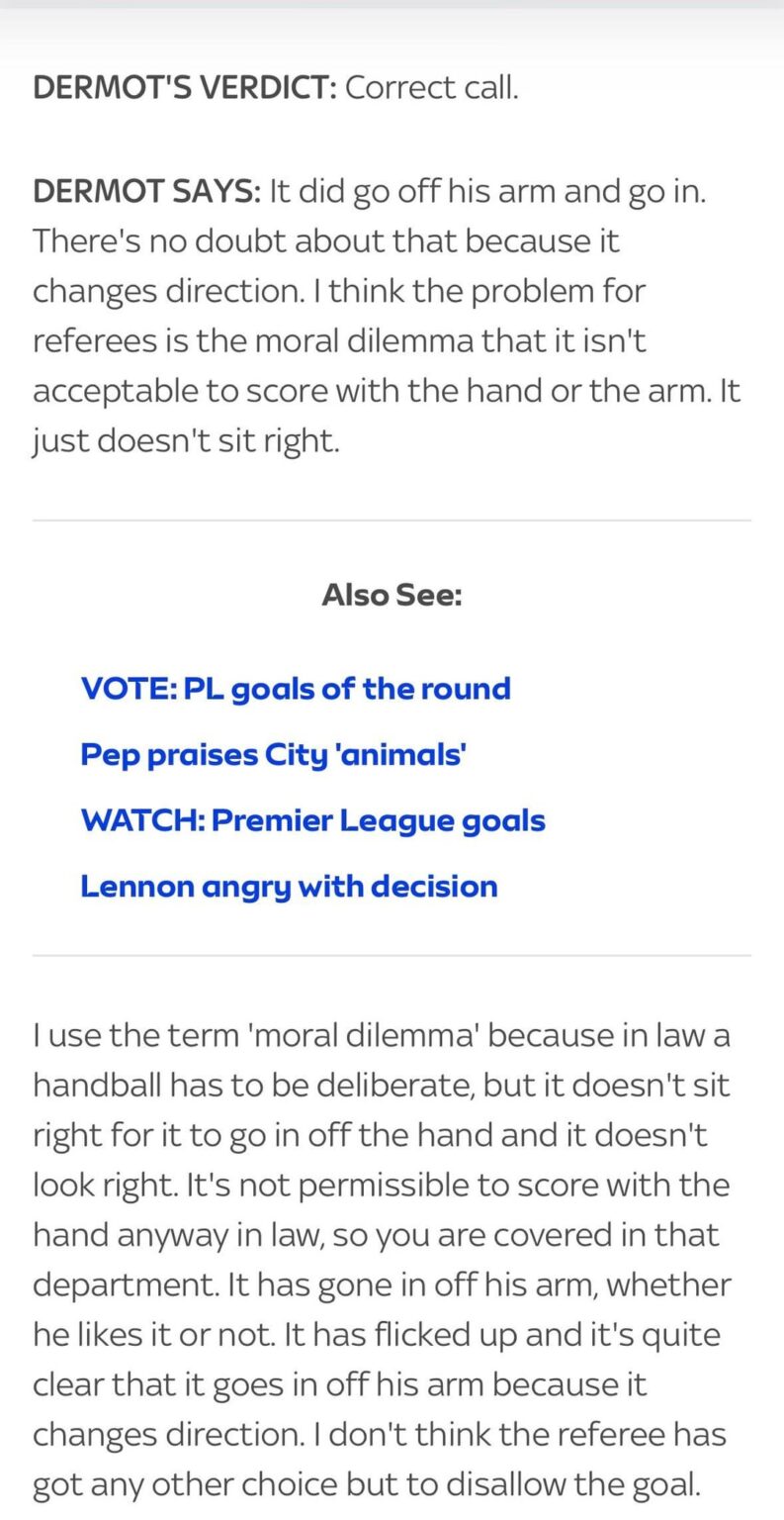 Dermot Gallagher on ref watch back in 2017 talking about a Solanke goal disallowed after touching his fingers vs this weekends incident