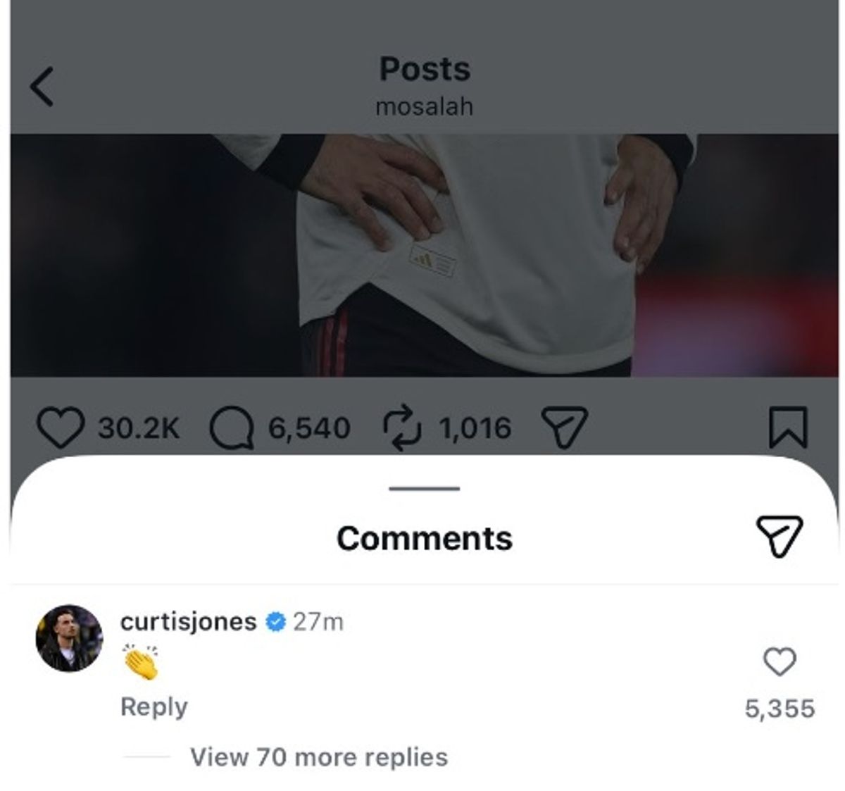 Curtis Jones' response to Mo Salah's post on Instagram