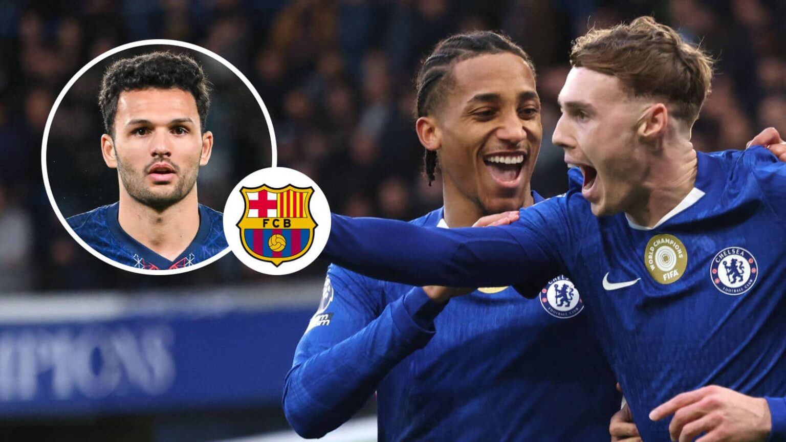 Chelsea stars Joao Pedro and Cole Palmer and, inset, PSG striker Goncalo Ramos next to the Barcelona badge
