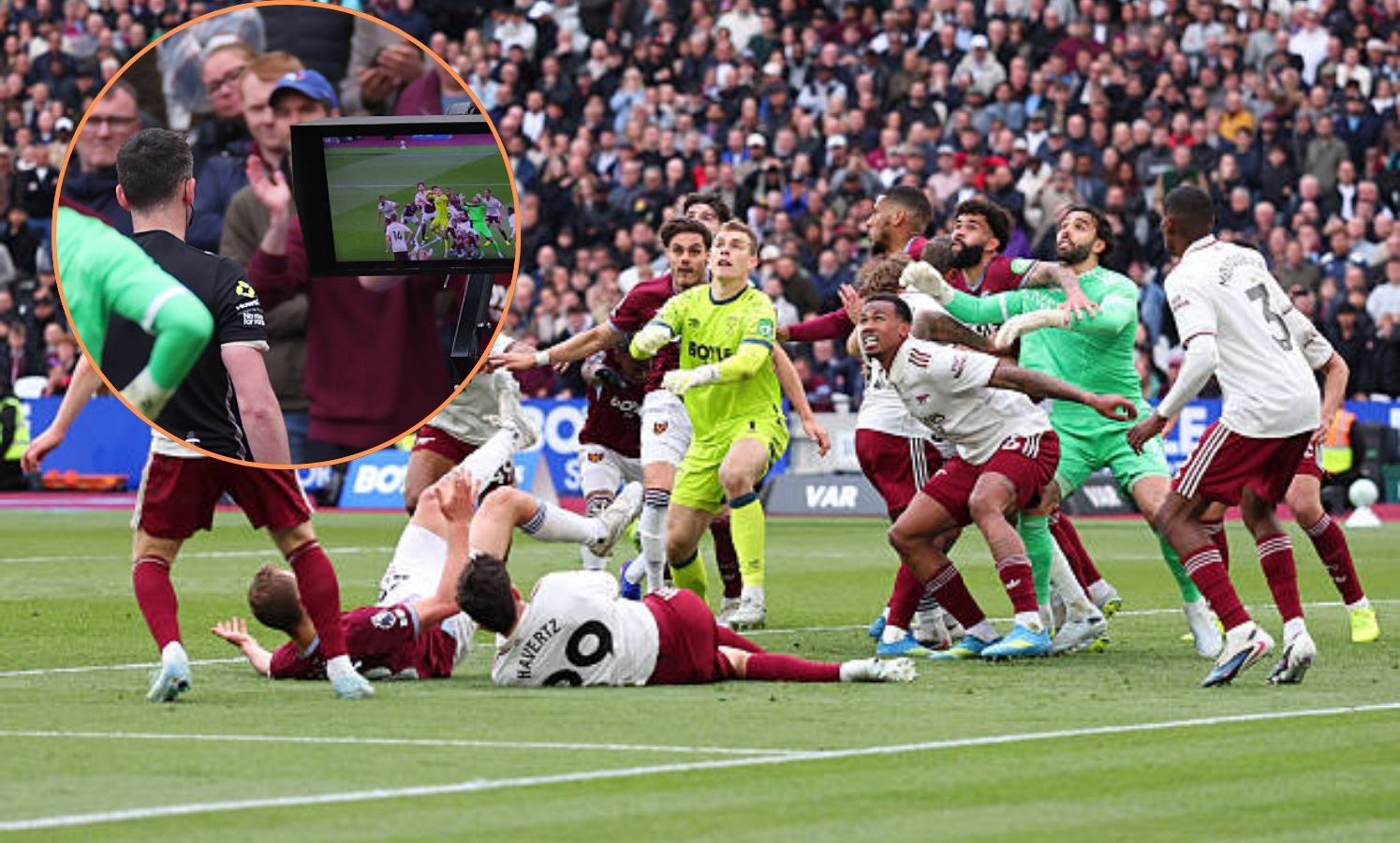 West Ham Arsenal foul on David Raya with overlay of VAR check