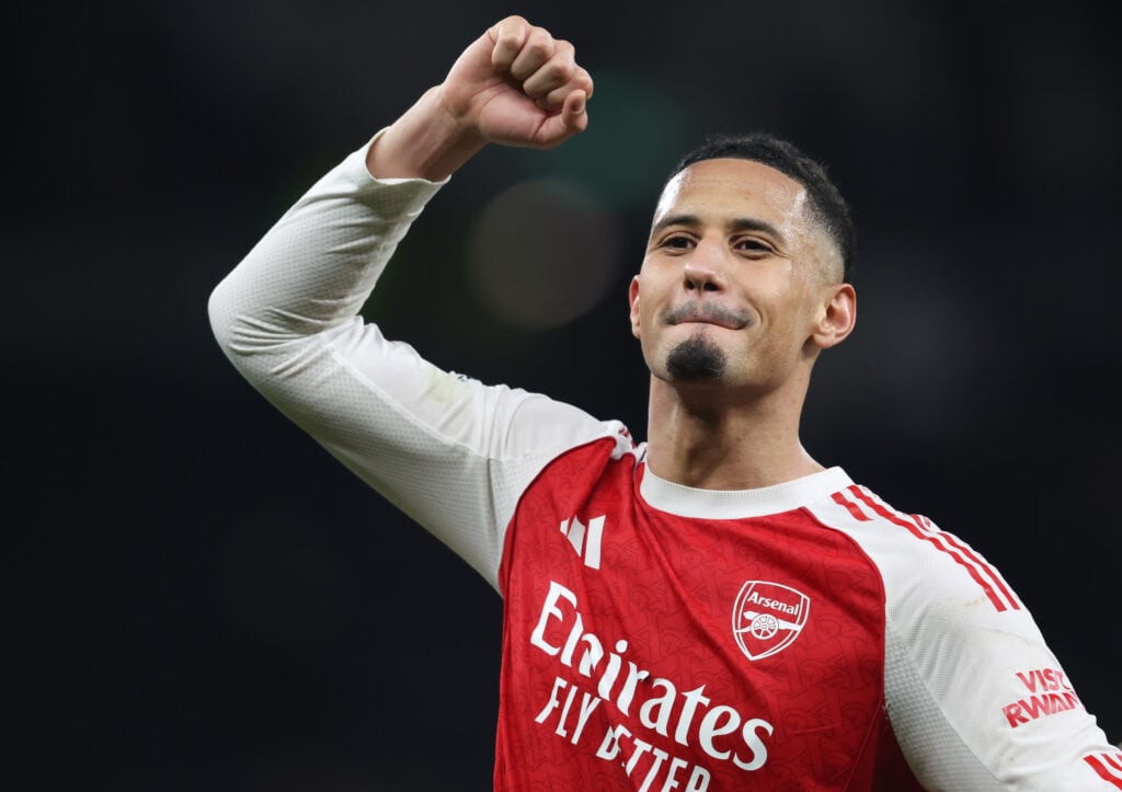 William Saliba celebrates after helping Arsenal beat Tottenham