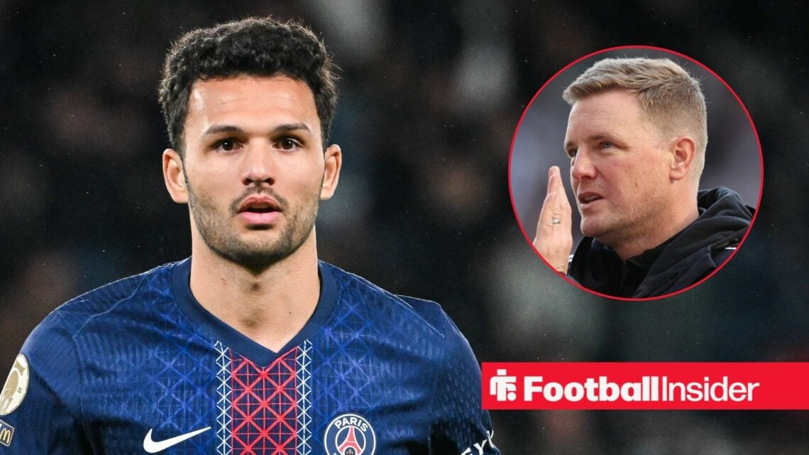 Goncalo Ramos in action for PSG, with Eddie Howe in a circular inset