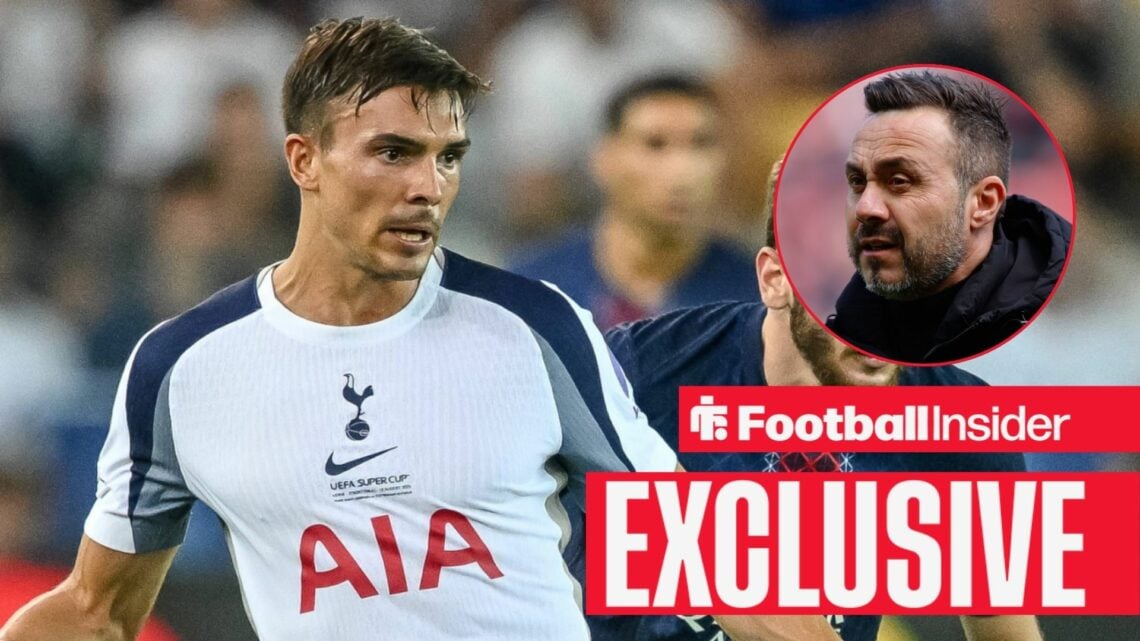 Football Insider exclusive as Tottenham midfielder Joao Palhinha is in action during a game, while manager Roberto De Zerbi watches from a circular...