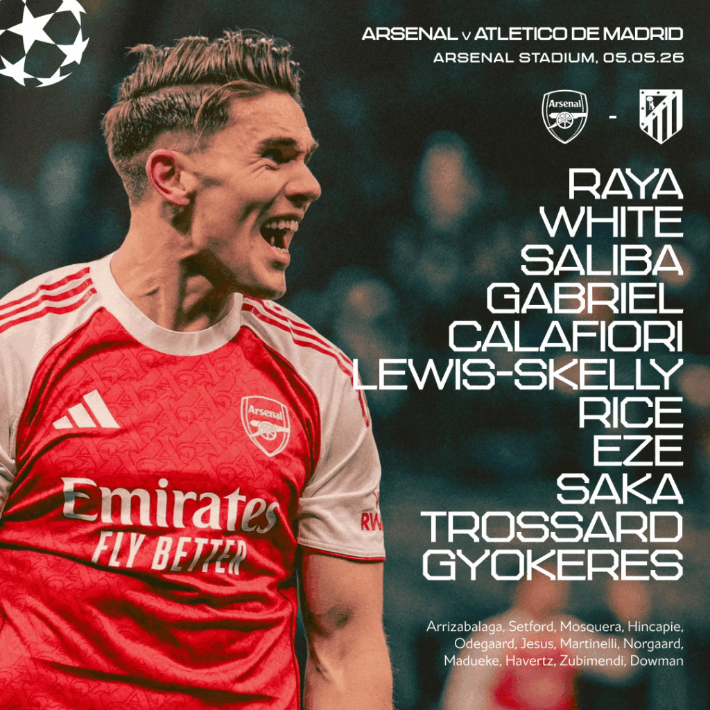 Our Starting XI to face Atleti in the Champions League semi-final second leg: Raya, White, Saliba, Gabriel, Calafiori, Lewis-Skelly, Rice, Eze, Saka, Trossard, Gyokeres.