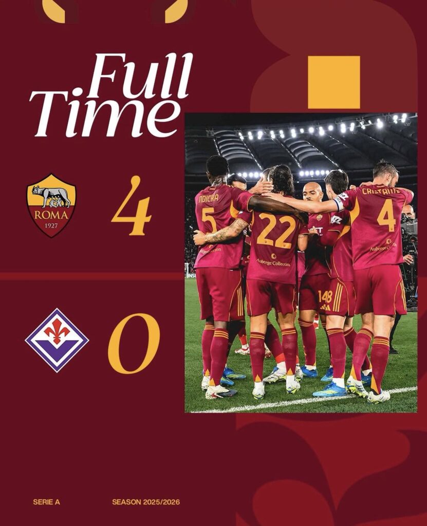 Roma makes a statement by absolutely dominating against Fiorentina. CL just one point away. Roma 4:0 Fiorentina