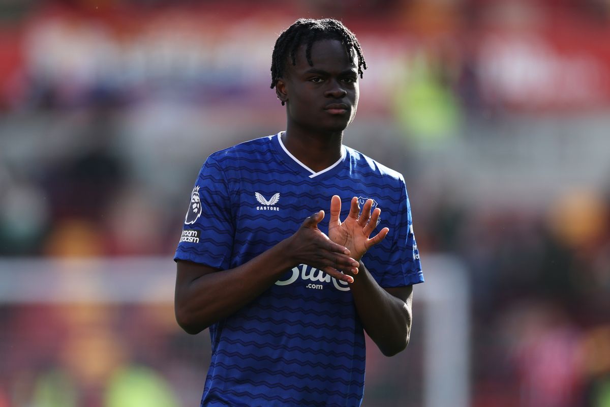 Tyrique George thanks the supporters after the Premier League match between Brentford and Everton at the Gtech Community Stadium. Photo by MI News/NurPhoto via Getty Images