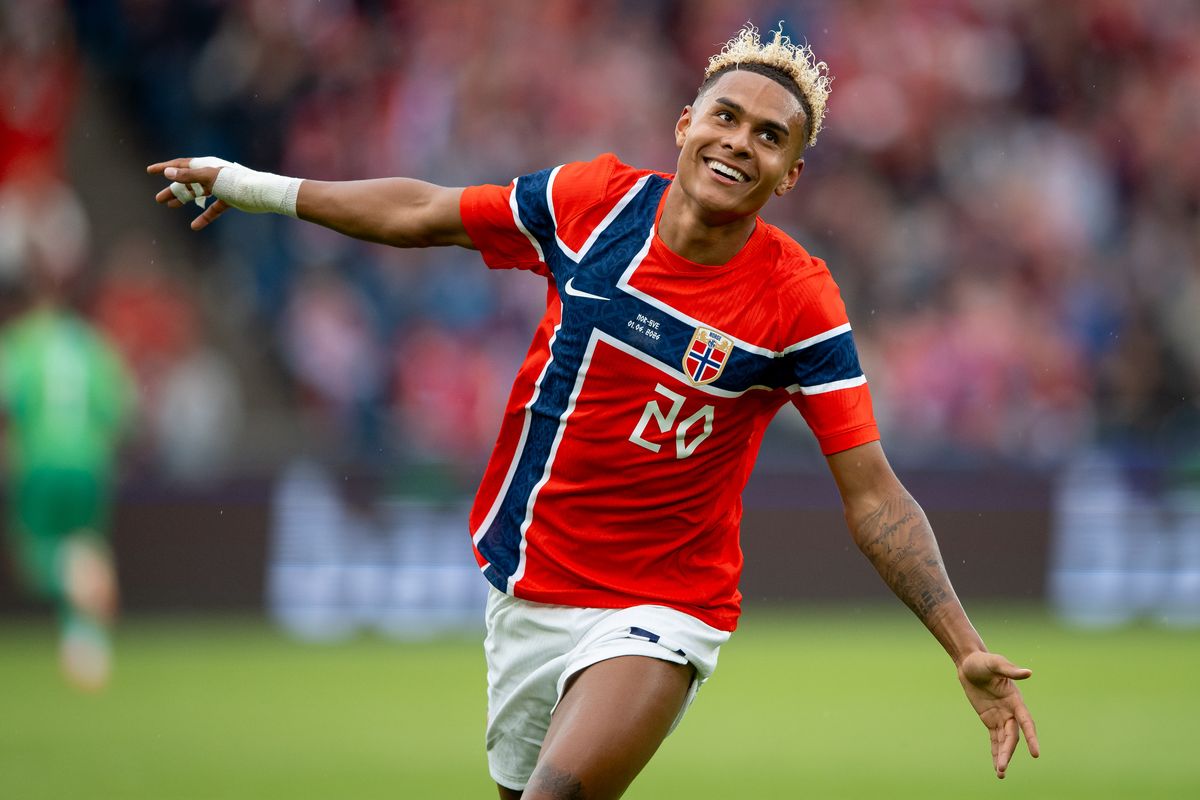 Antonio Nusa of Norway celebrates after scoring against Sweden