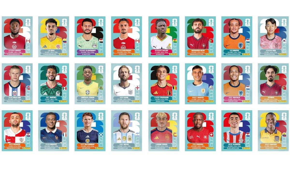 A grid arrangement of 20 individual stickers of footballers, each wearing distinctive team jerseys and various colored shirts, with backgrounds in different vibrant colors, likely representing different sports teams or events.