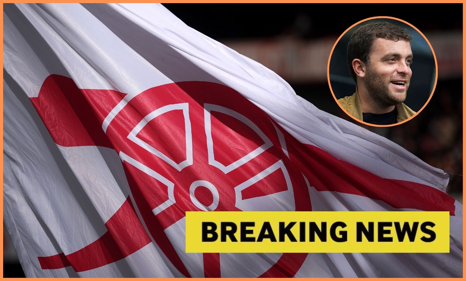 Arsenal flag, Fabrizio Romano, and yellow 'breaking news' banner