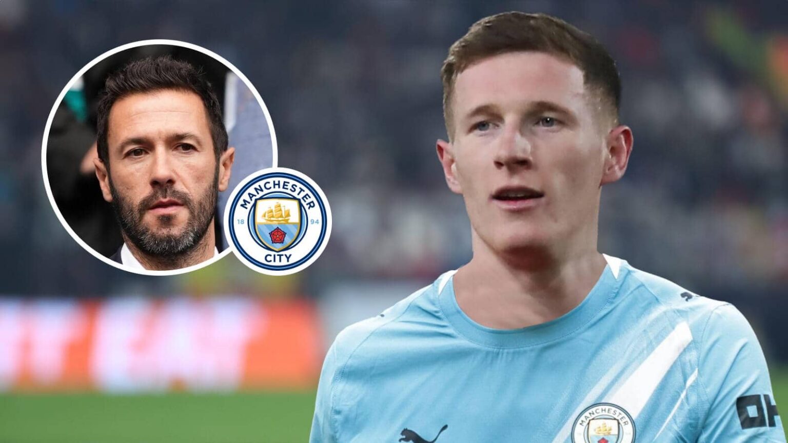 Nottingham Forest star Elliot Anderson with a Manchester City shirt Photoshopped on him and, inset, City's sporting director Hugo Viana next to the club badge