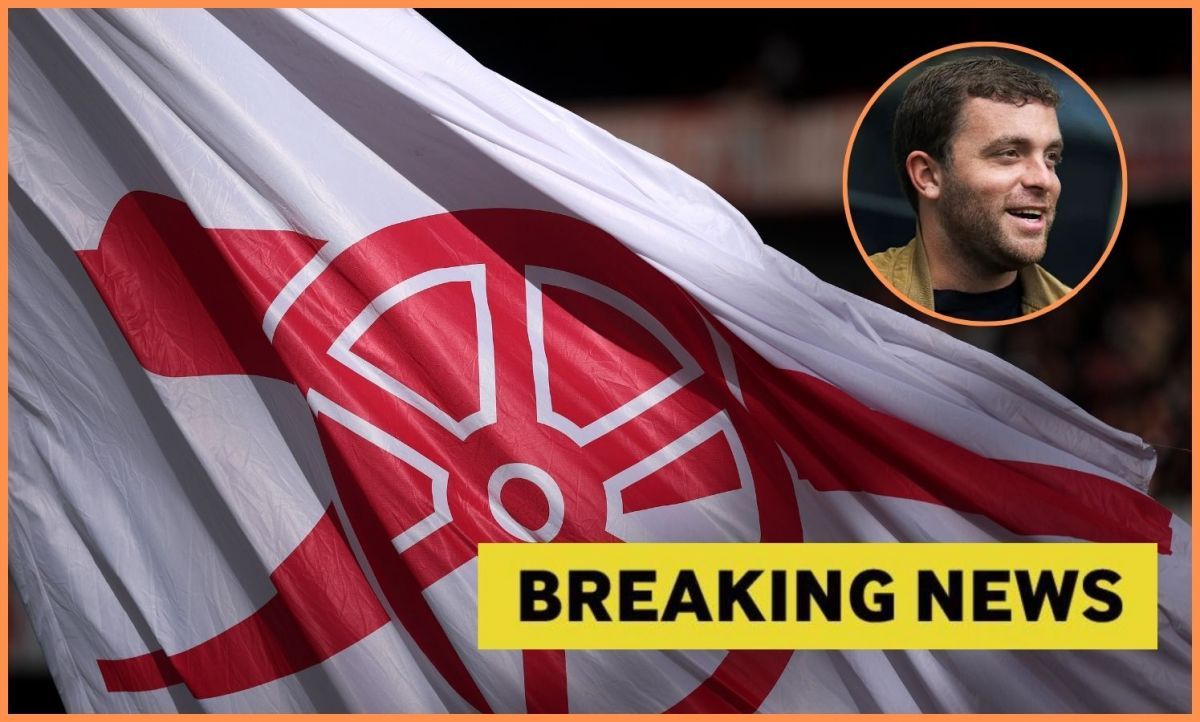 Arsenal flag with fabrizio romano overlay and breaking news overlay