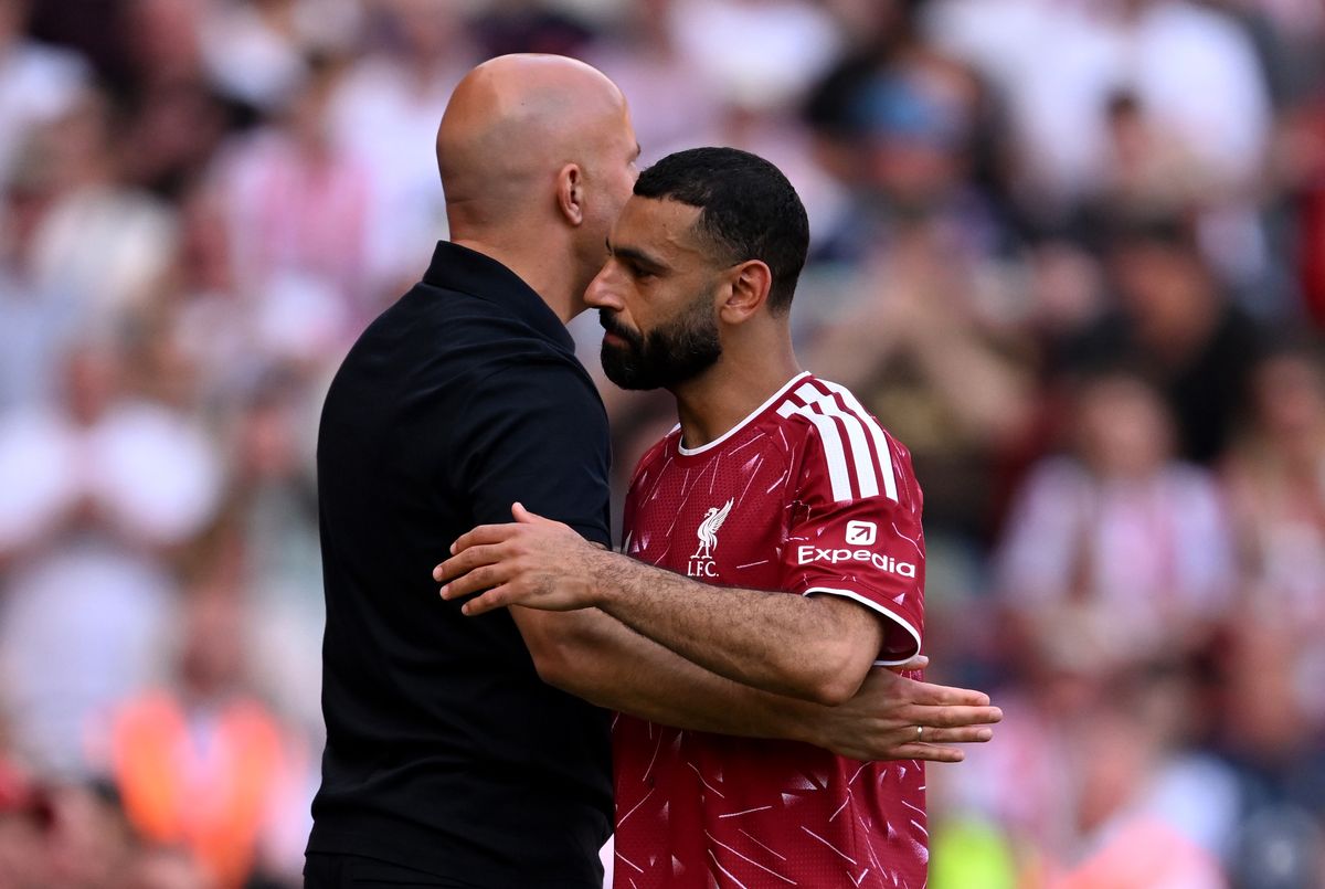 Mohamed Salah and Arne Slot after the former's final Liverpool appearance.
