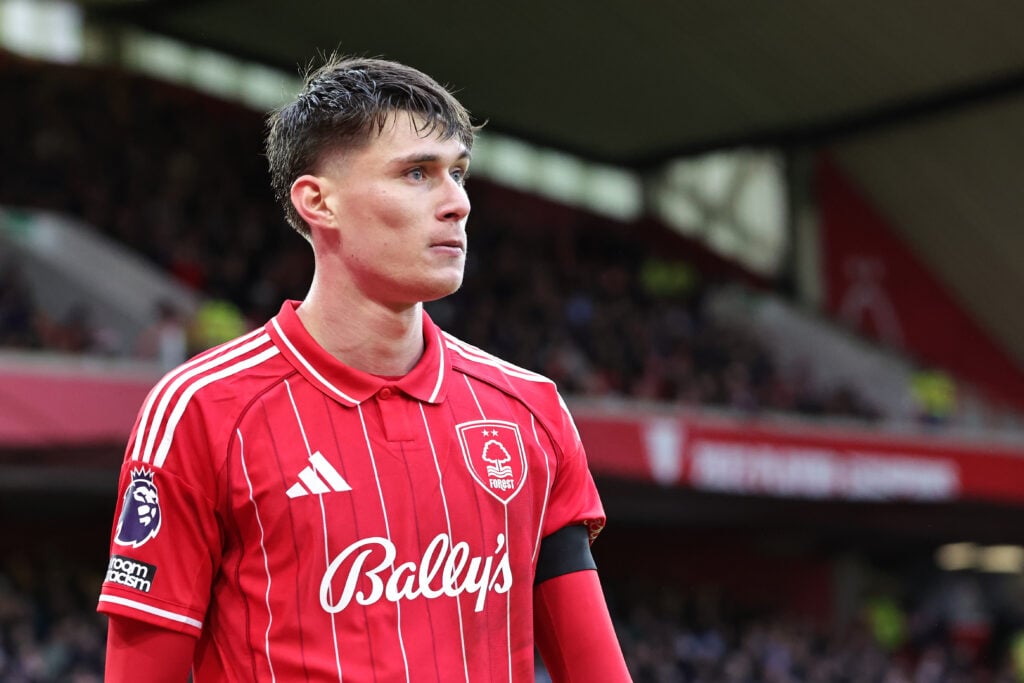 Nottingham Forest defender Nicolo Savona in action vs Manchester City.
