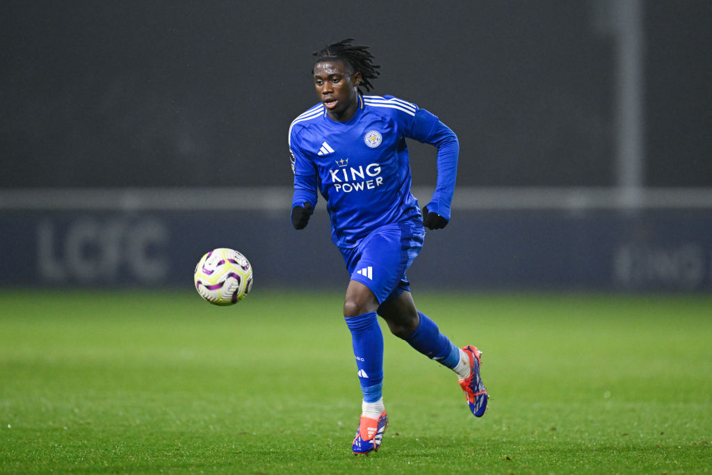 Jeremy Monga of Leicester in action during The FA Youth Cup Third round match between Leicester City and Chelsea at Leicester City FC Training Ground on December 13, 2024 in Sileby, England