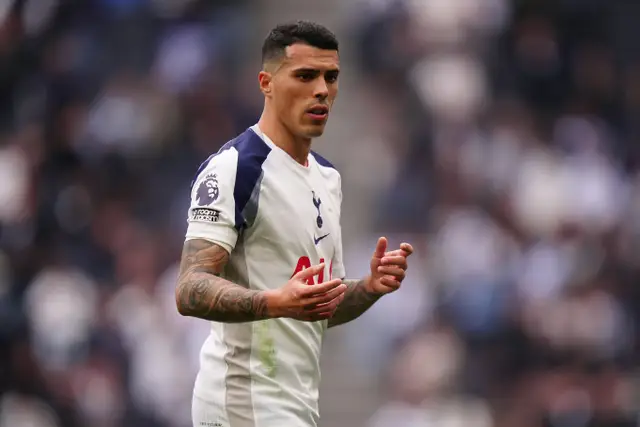 Tottenham’s Pedro Porro during a break in play against Nottingham Forest