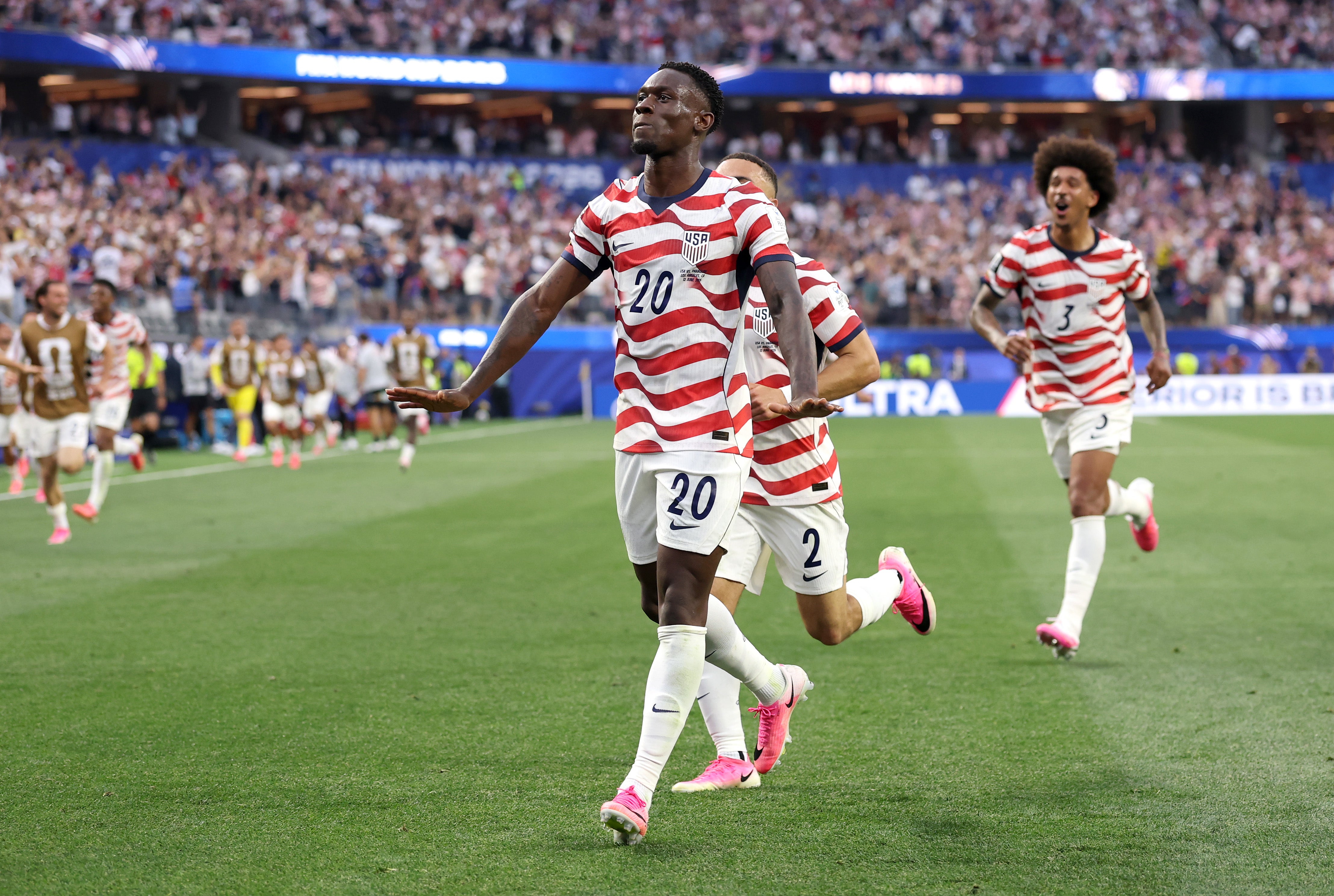 Folarin Balogun celebrates scoring his second goal of the USA’s 4-1 win over Paraguay