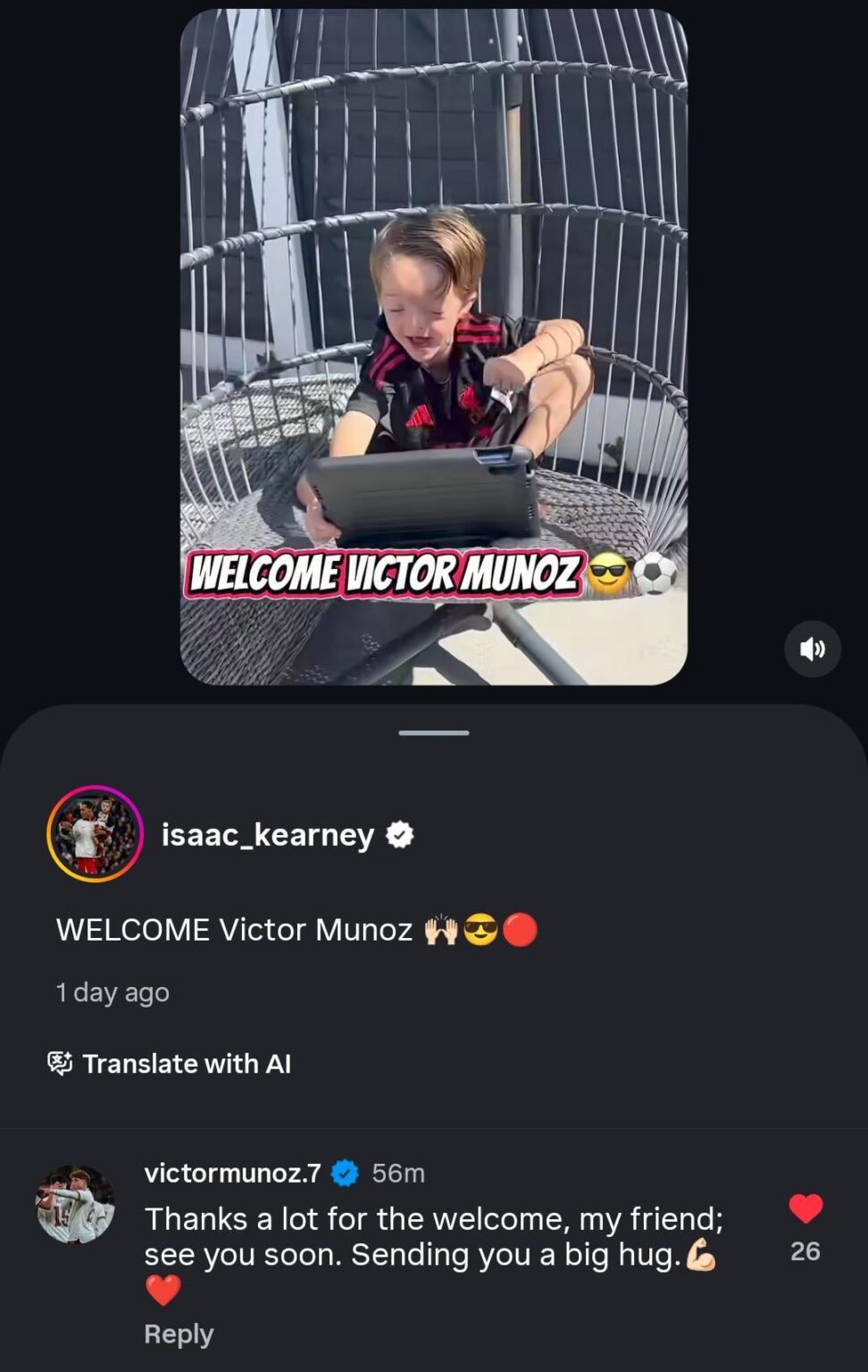 Victor Munoz replying to Isaac Kearney’s welcome video 🤝 ❤️