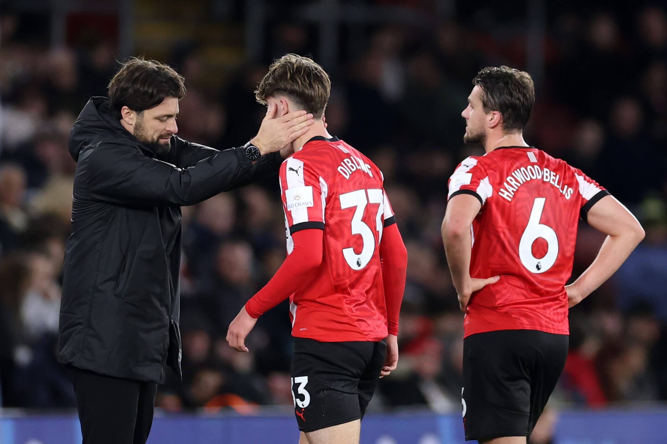 Russell Martin consoles Tyler Dibling as Southampton sink without trace against Tottenham in his last match in charge