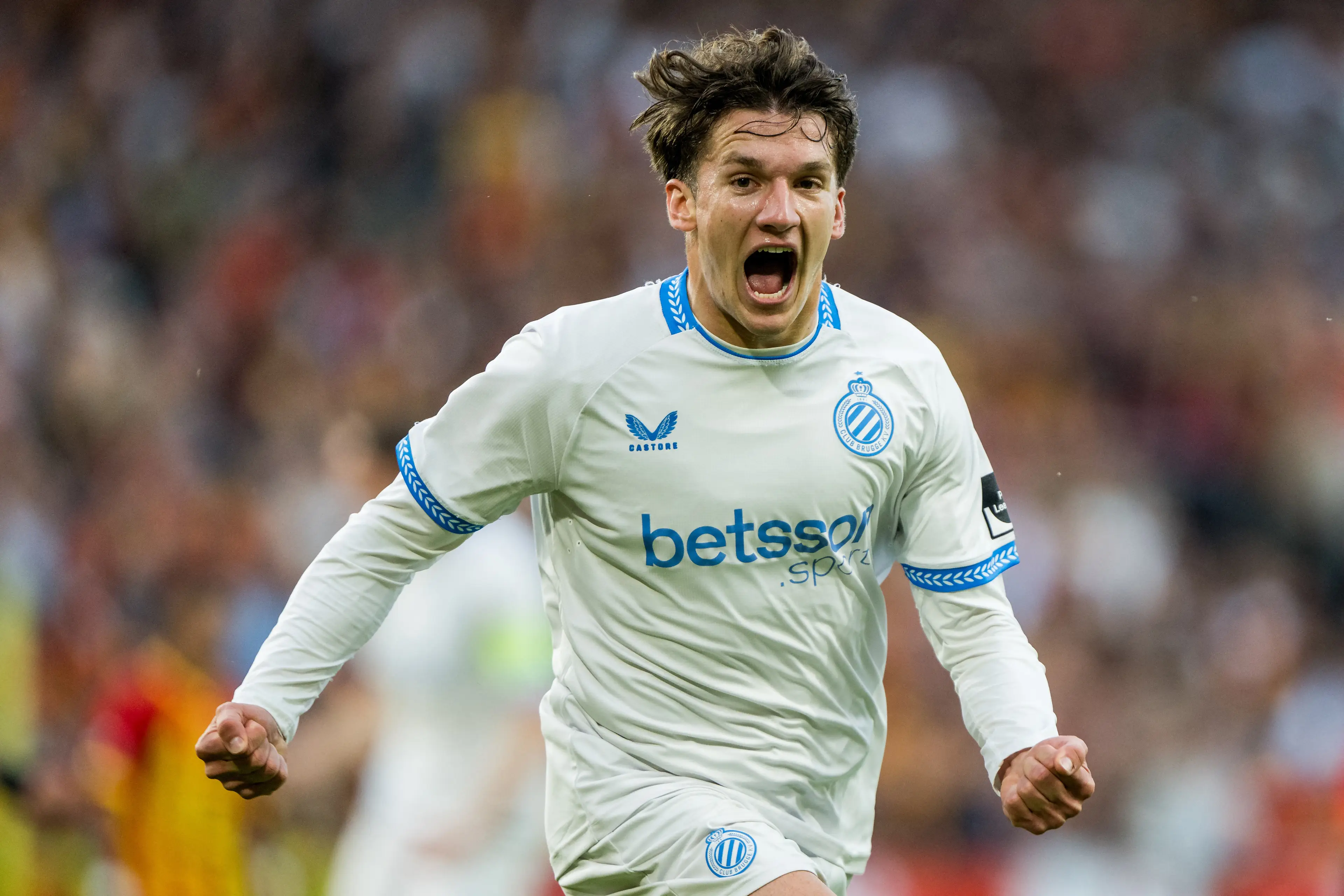 Club Brugge's Greek forward #08 Christos Tzolis celebrates scoring during the Belgian Pro League First Division football match (Getty Images)