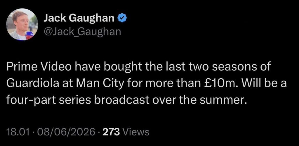 [Jack Gaughan] Prime Video have bought the last two seasons of Guardiola at Man City for more than £10m. Will be a four-part series broadcast over the summer.