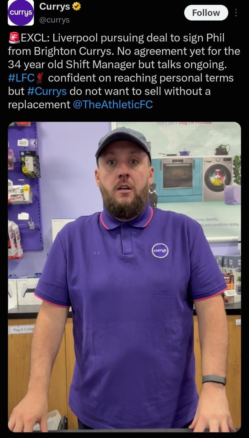 [Currys] - 🚨EXCL: Liverpool pursuing deal to sign Phil from Brighton Currys. No agreement yet for the 34 year old Shift Manager but talks ongoing. #LFC� confident on reaching personal terms but #Currys do not want to sell without a replacement @TheAthleticFC