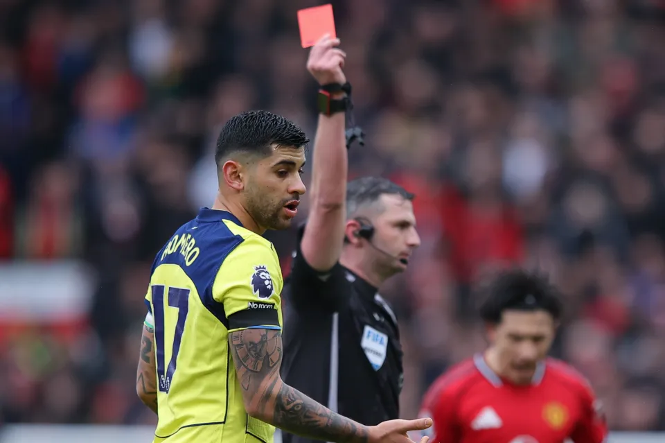 Cristian Romero is sent off for Tottenham Hotspur.