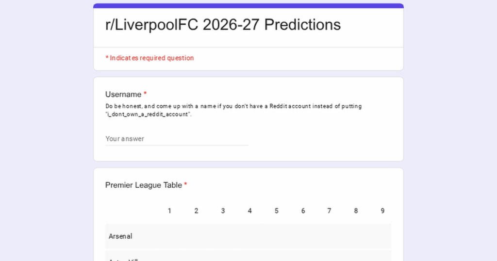 2026/27 Season Predictions Form 2026/27 Season Predictions Form