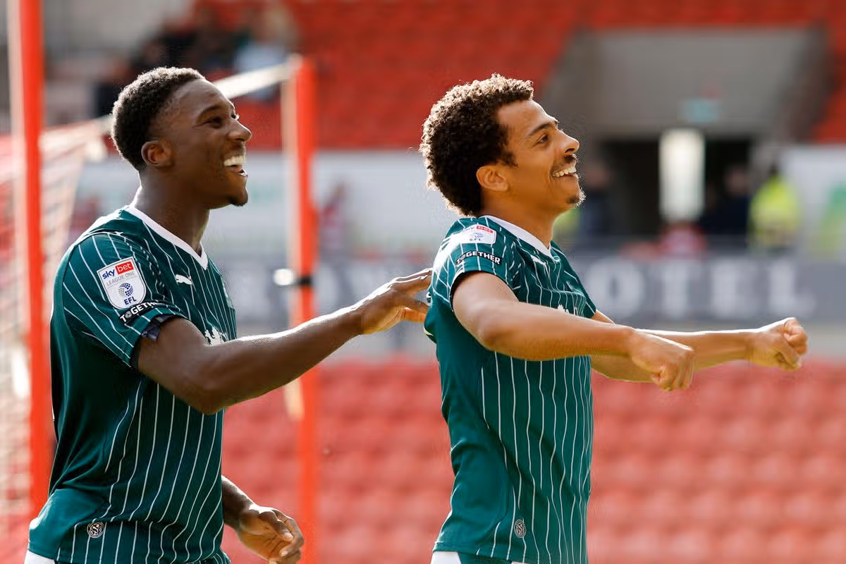 Goal celebrations for Caleb Watts of Plymouth Argyle who celebrates with Bim Pepple during the EFL League One match between Doncaster Rovers and Plymouth Argyle at The Club Doncaster Sports Village, Doncaster on 5 September 2026 (Photo: Steve Taylor/PPAUK)