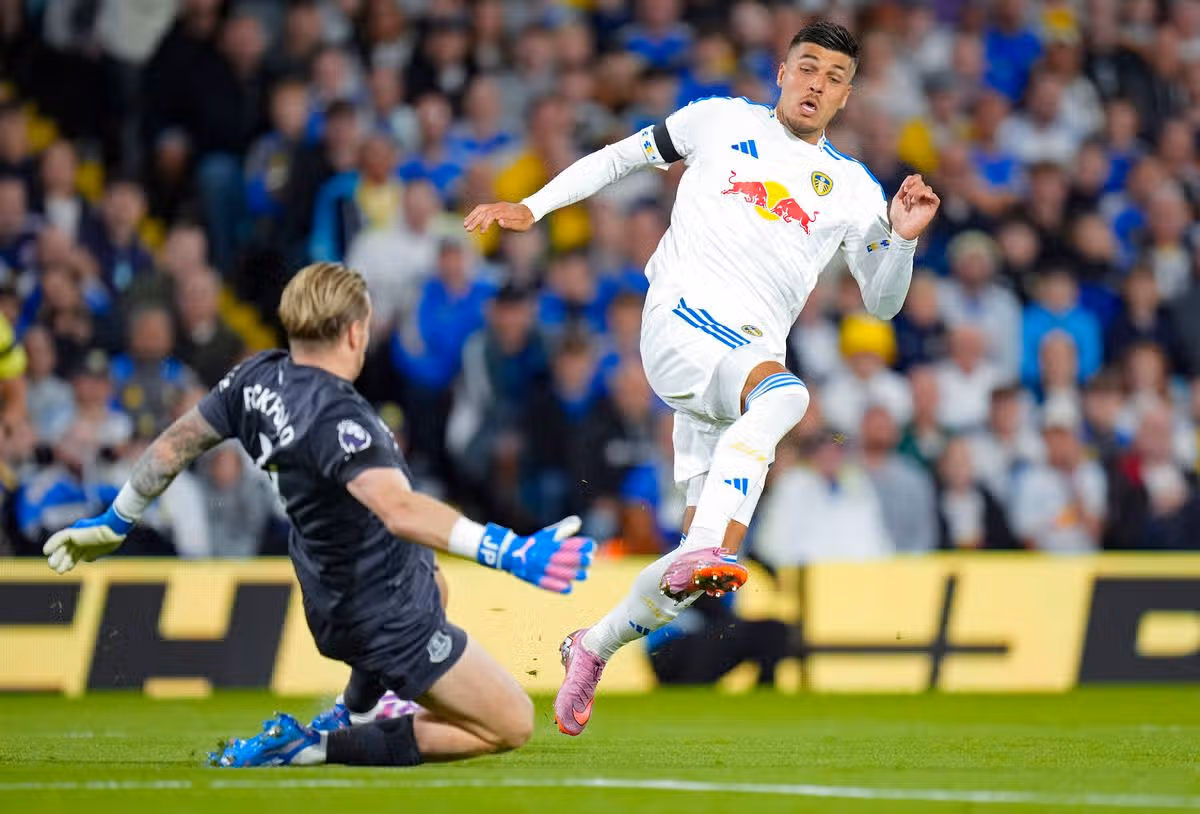 Jordan Pickford and Joel Piroe battle for the ball during the Premier League match at Elland Ro