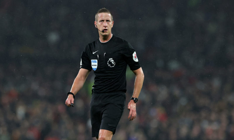 MANCHESTER, ENGLAND - APRIL 05: John Brooks, the referee, looks on during the Premier League match between Manchester United and Brentford FC at Ol...
