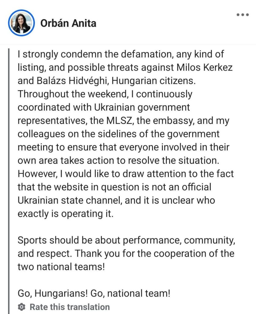 Hungarian Deputy PM and Foreign Minister Anita Orbáns public response after Milos Kerkez and his father are added to Myrotvorets, an unofficial Ukrainian database listing alleged ‘enemies of Ukraine’